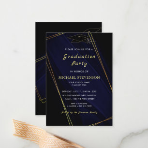 Modern Gold Framed Black Grad Party Invitation
