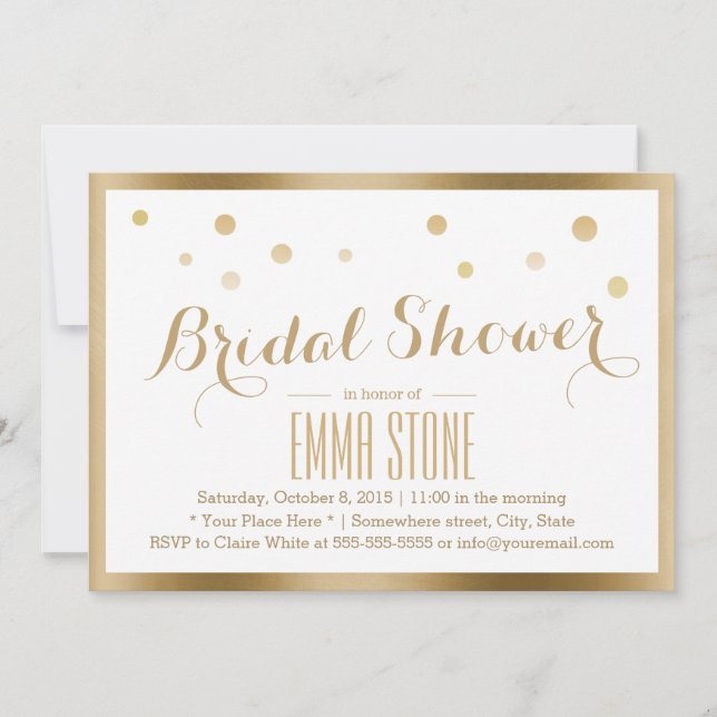 Modern Gold Framed Confetti Dots Bridal Shower Invitation (Front)