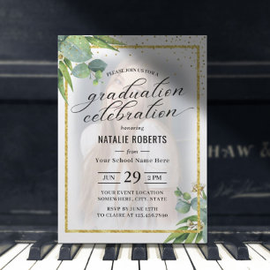 Modern Gold Framed Foliage Photo Graduation Party Invitation