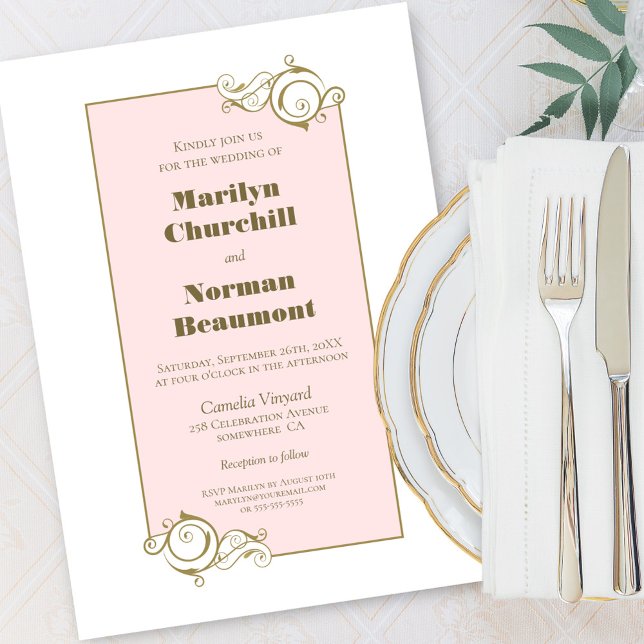 Modern Gold Framed Pink Wedding Invitation (Creator Uploaded)