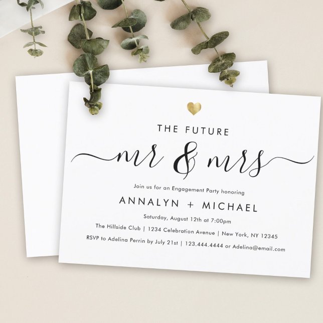 Modern Gold Future Mr and Mrs Engagement Party Invitation (Engagement party invitation on a light table. Text reads "The Future Mr & Mrs" in elegant script.)