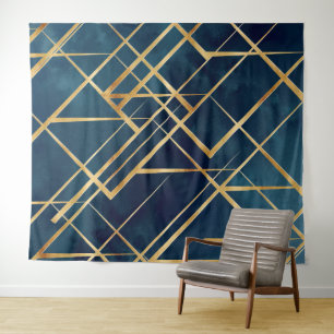 Modern Gold Geometric Blue Design Tapestry