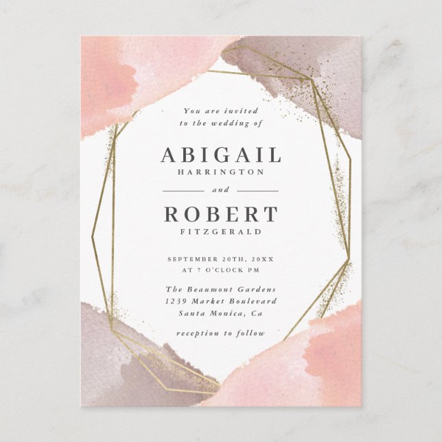Modern Gold Geometric Blush Watercolor Wedding Invitation Postcard (Front)
