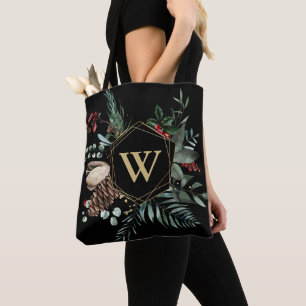 Modern Gold Geometric Christmas Wreath Monogram Tote Bag