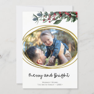 Modern Gold Geometric Circle Red Holly Berries Holiday Card