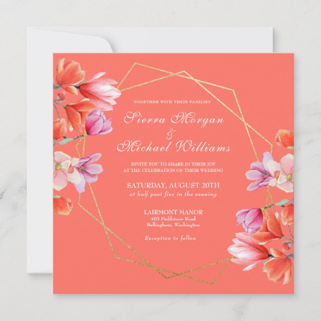 Modern Gold Geometric Coral Floral Wedding Invitation (Front)