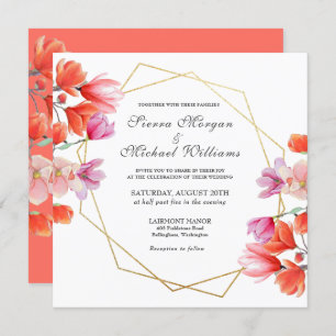 Modern Gold Geometric Coral White Floral Wedding Invitation