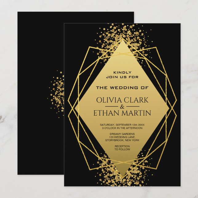 Modern Gold Geometric Diamond on Black Invitation (Front/Back)
