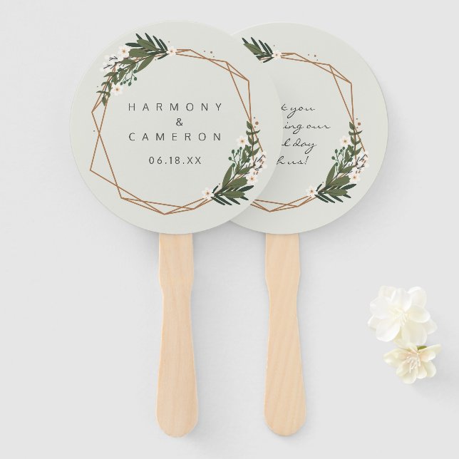 Modern Gold Geometric Greenery Boho Wedding Hand Fan (Front and Back)