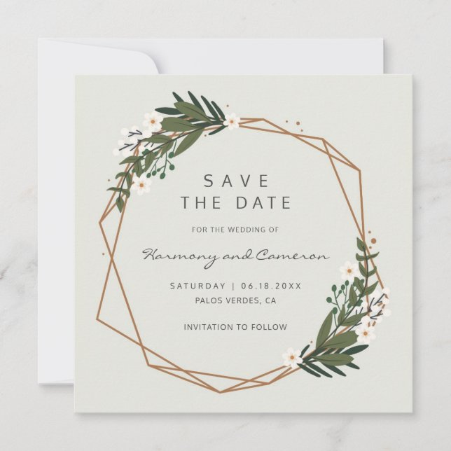 Modern Gold Geometric Greenery Boho Wedding Save The Date (Front)