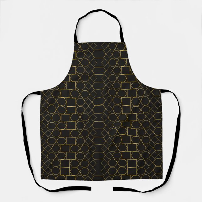 Modern Gold Geometric Line Pattern on Black Apron (Front)