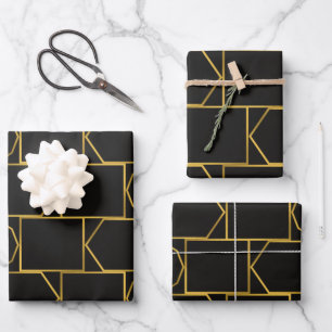 Modern Gold Geometric Line Pattern on Black Wrapping Paper Sheet