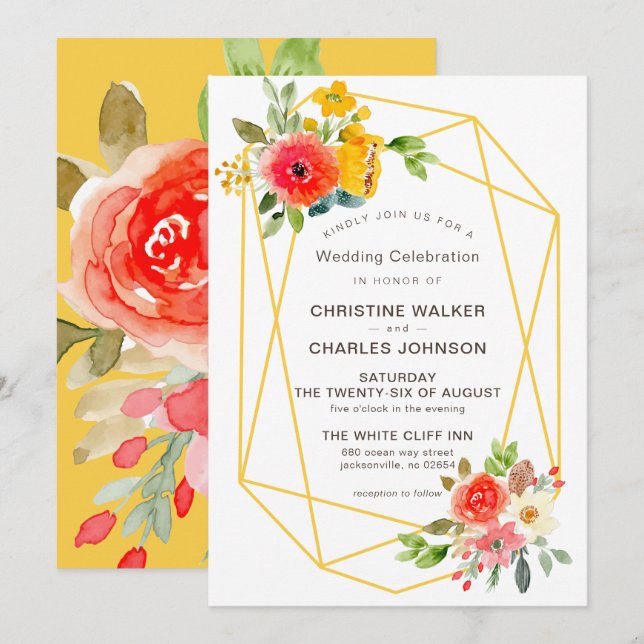 Modern Gold Geometric Spring Floral Wedding Invitation (Front/Back)