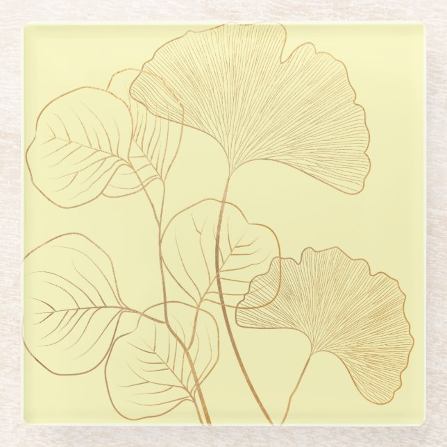 Modern Gold Gingko Leaves Glass Coaster (Front)
