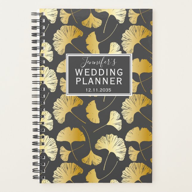 Modern Gold Ginkgo Pattern Wedding Planner (Front)