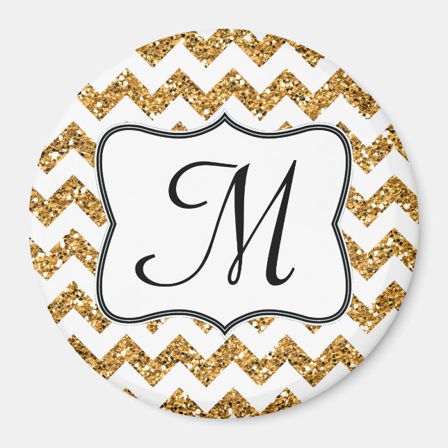 Modern Gold Glitte Chevron Monogram Initial Magnet (Front)