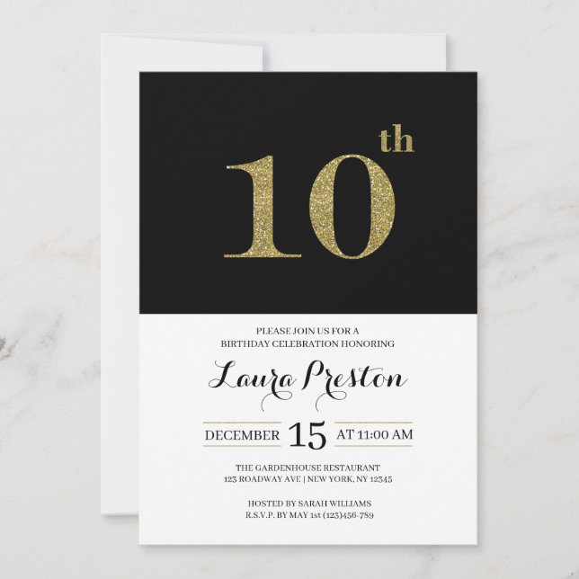 Modern Gold Glitter 10th Birthday Invitation (Front)
