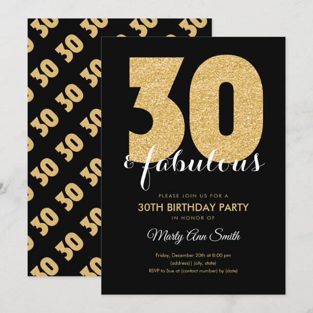 Modern Gold Glitter 30 & Fabulous Birthday Party Invitation (Front/Back)