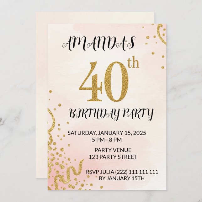 Modern Gold Glitter 40th Birthday Invitation (Front/Back)