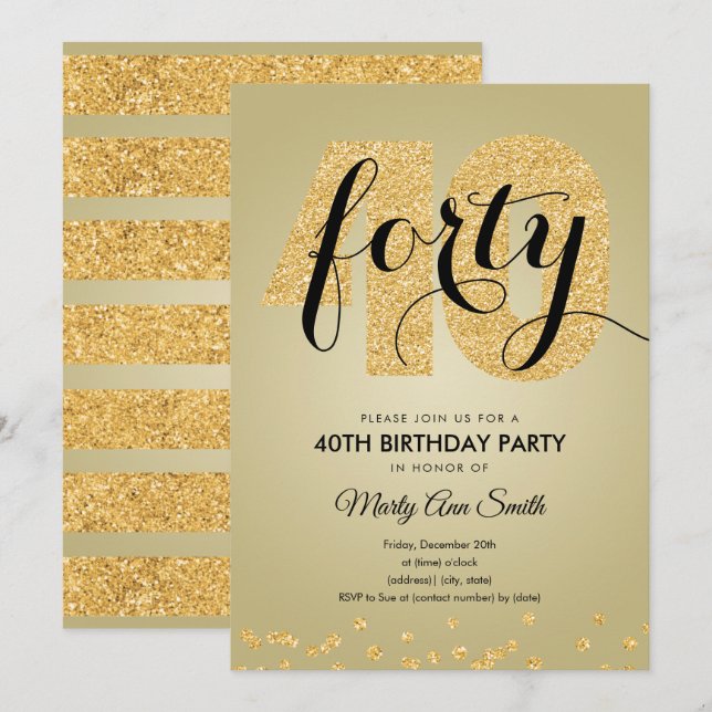 Modern Gold Glitter 40th Birthday Party Invitation (Front/Back)