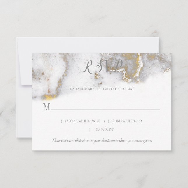 Modern Gold Glitter and Grey Marble Effect RSVP Card (Front)