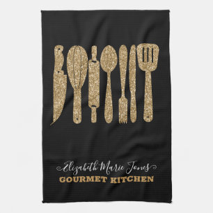 Modern Gold Glitter Black Cooking Baking Utensils Tea Towel