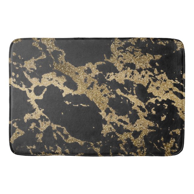 Modern Gold Glitter Black Marble Bath Mat (Front)