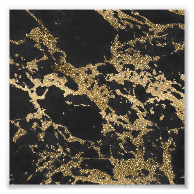 Modern Gold Glitter Black Marble Photo Print (Front)