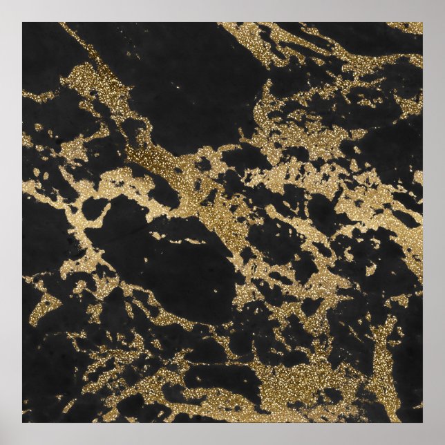 Modern Gold Glitter Black Marble Poster (Front)
