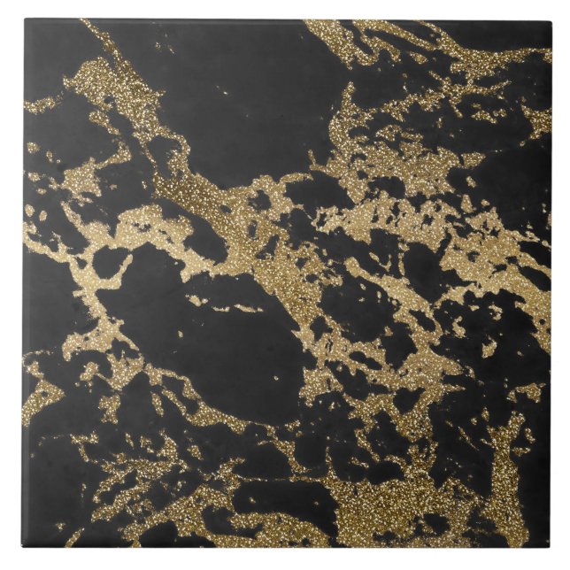 Modern Gold Glitter Black Marble Tile (Front)