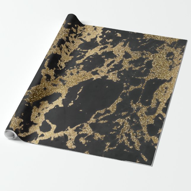 Modern Gold Glitter Black Marble Wrapping Paper (Unrolled)