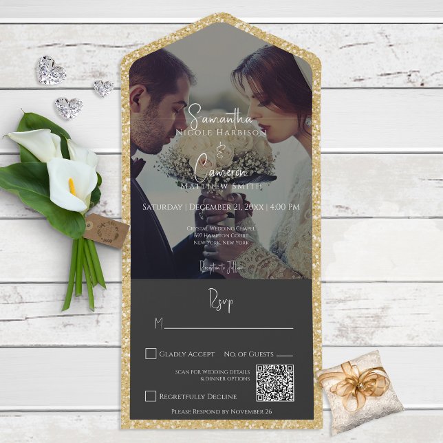 Modern Gold Glitter Black Photo QR Code All In One Invitation (Creator Uploaded)