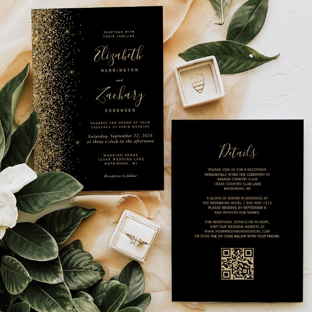 Modern Gold Glitter Black QR Code Wedding Invitation (Creator Uploaded)