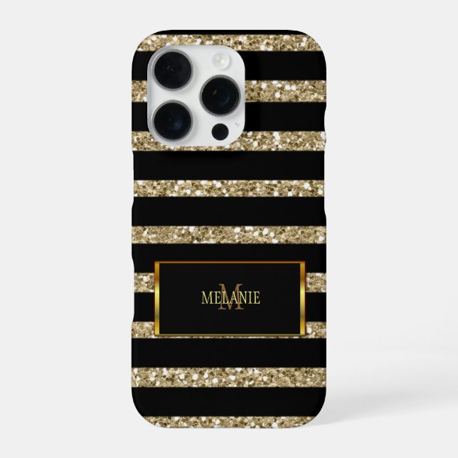 Modern gold glitter black stripes monogram name iPhone case (Back)