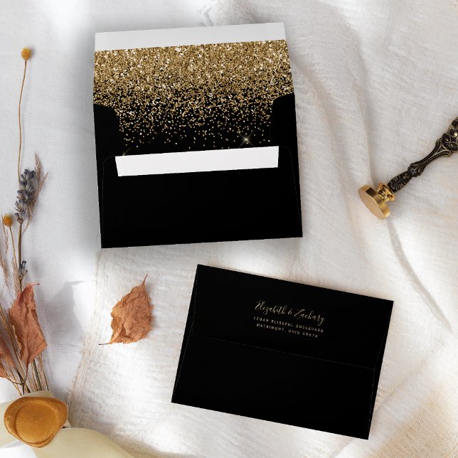 Modern Gold Glitter Black Wedding Envelope (Creator Uploaded)