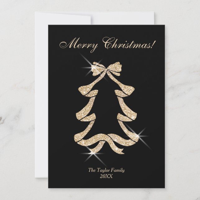 Modern Gold Glitter Bow Christmas Tree Photo Holiday Card (Front)