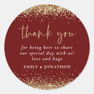 Modern Gold Glitter Burgundy Thank You Message Classic Round Sticker