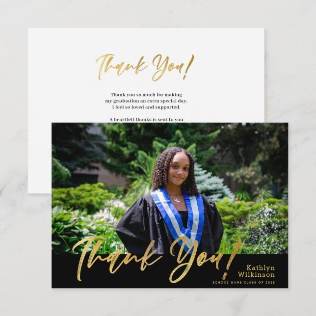 Modern Gold Glitter Calligraphy Photo Graduation Thank You Card (Front/Back)
