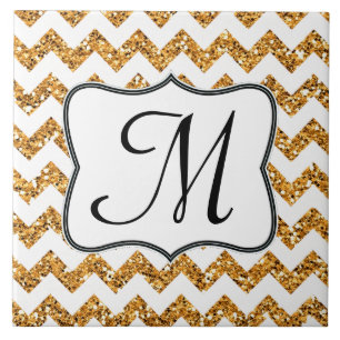 Modern Gold Glitter Chevron Monogram Display Tile