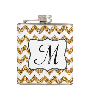 Modern Gold Glitter Chevron Monogram Whiskey Flask