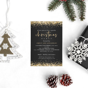 Modern Gold Glitter Christmas Party Black Invitation