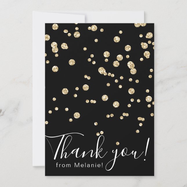 Modern gold glitter confetti black thank you card (Front)