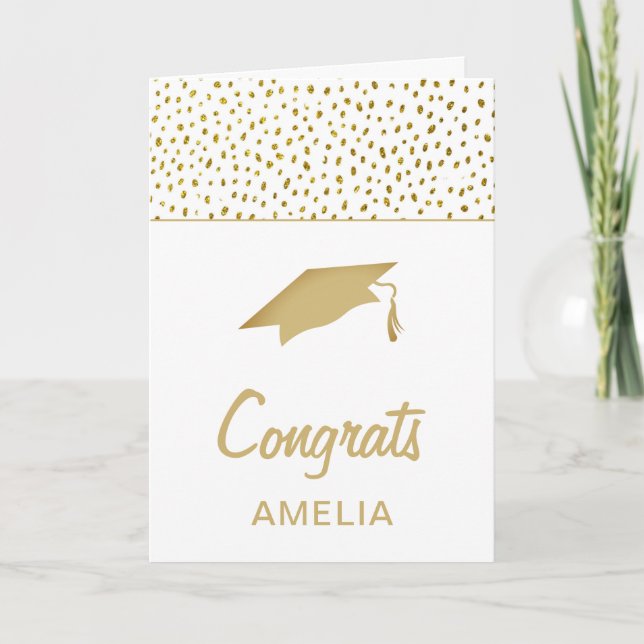 Modern Gold Glitter Congrats Graduation Cap Card (Front)