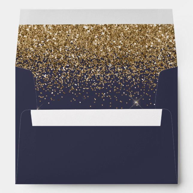 Modern Gold Glitter Dark Blue Wedding Envelope (Back (Bottom))
