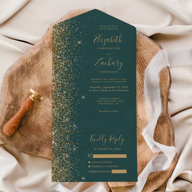 Modern Gold Glitter Dark Green Wedding All In One Invitation (Creator Uploaded)