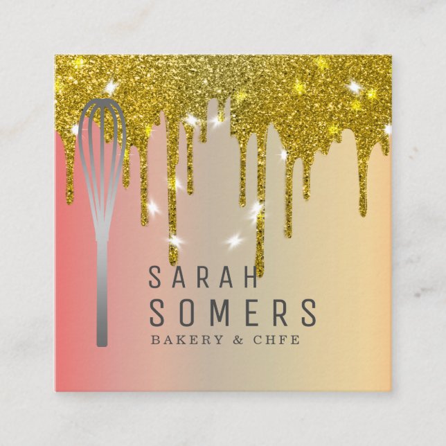 Modern Gold Glitter Drip Whisk Bakery Square Business Card (Front)