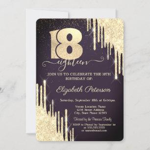 Modern Gold Glitter Drips 18th Burgundy Birthday Invitation