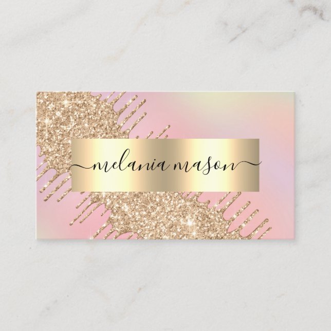 Modern Gold Glitter Drips Makeup Artist Pink  Business Card (Front)