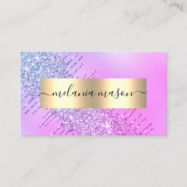 Modern Gold Glitter Drips Makeup Artist Purple Business Card (Front)