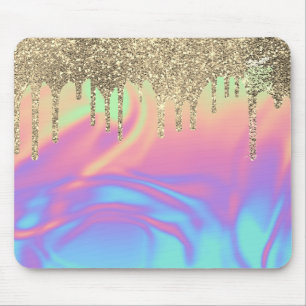 Modern Gold Glitter Drips Ombre Holographic Mouse Mat